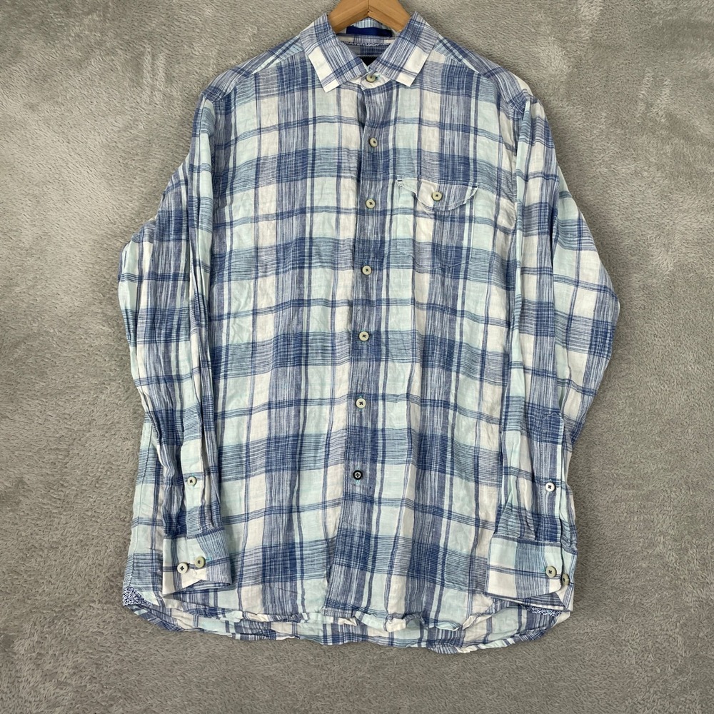 Tommy Bahama Linen Shirt Mens Medium Blue White Plaid Coastal Summer